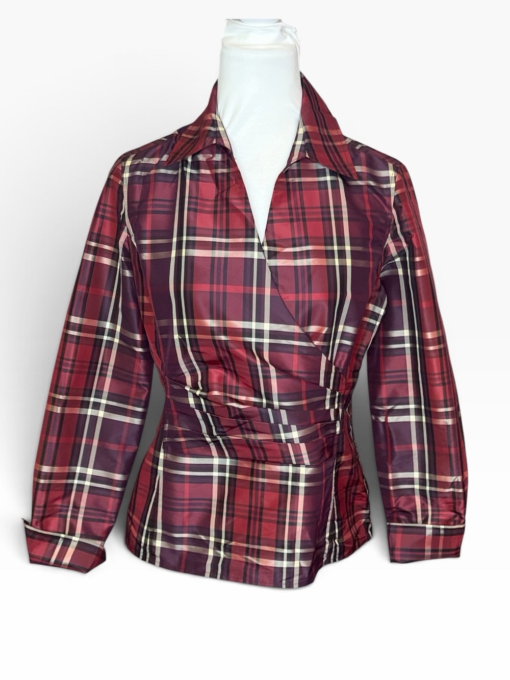 Talbots Classic Silk Plaid Blouse with Ruching on Waist